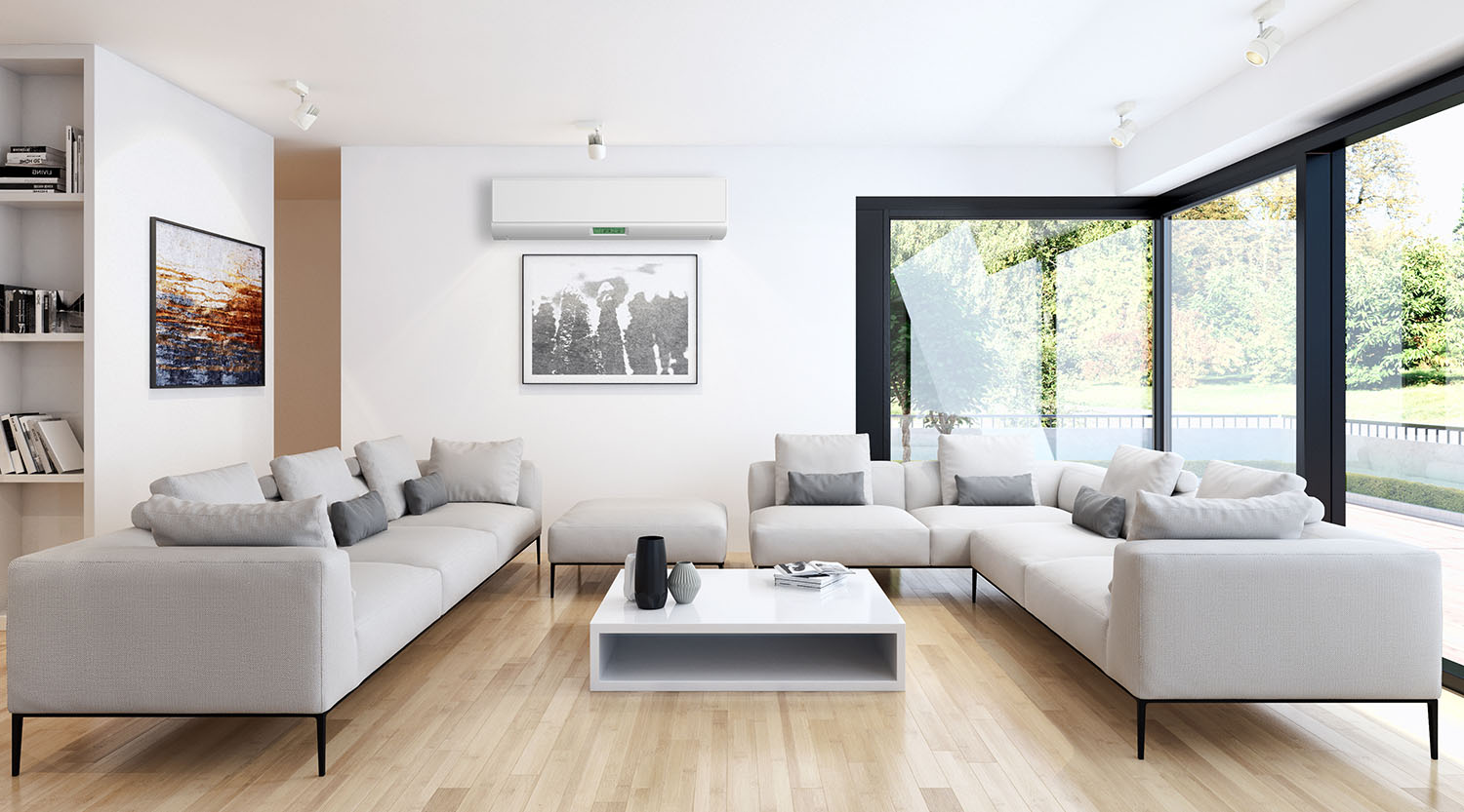 Modern bright living room lounge interior with air conditioning. 3D rendering